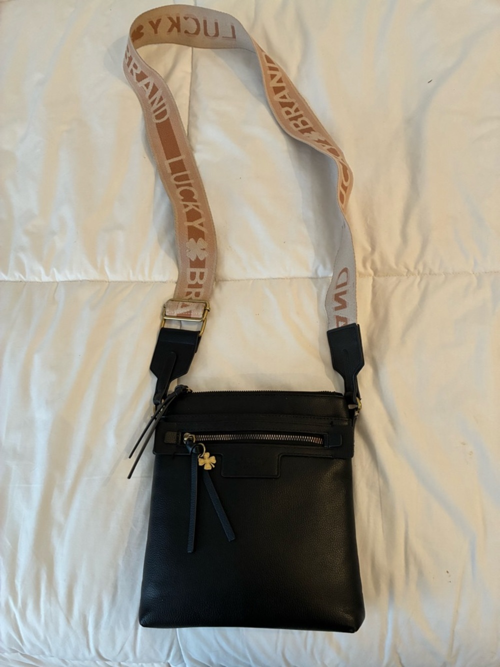 Lucky Brand Black Leather Messenger Bag with Beige Logo Strap